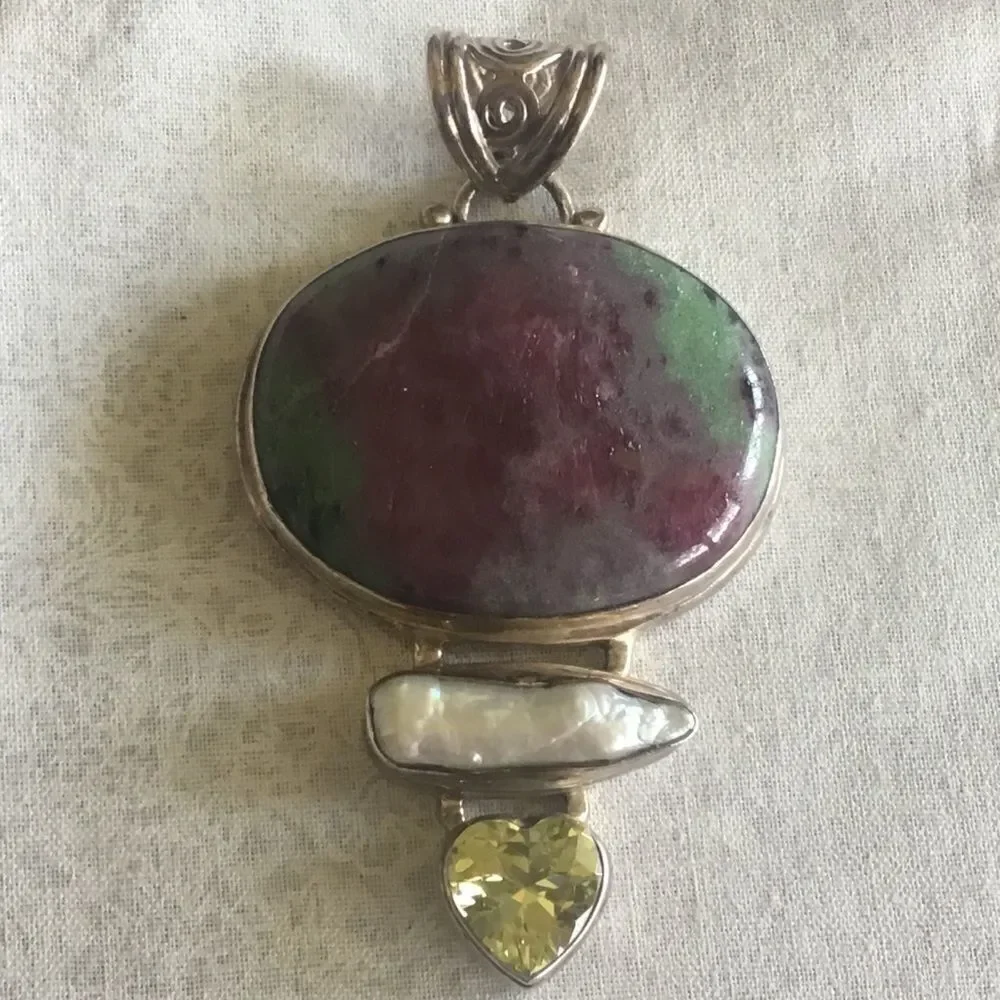 SS Ruby Zoisite, Biwa Pearl, Lemon Quartz Pendant